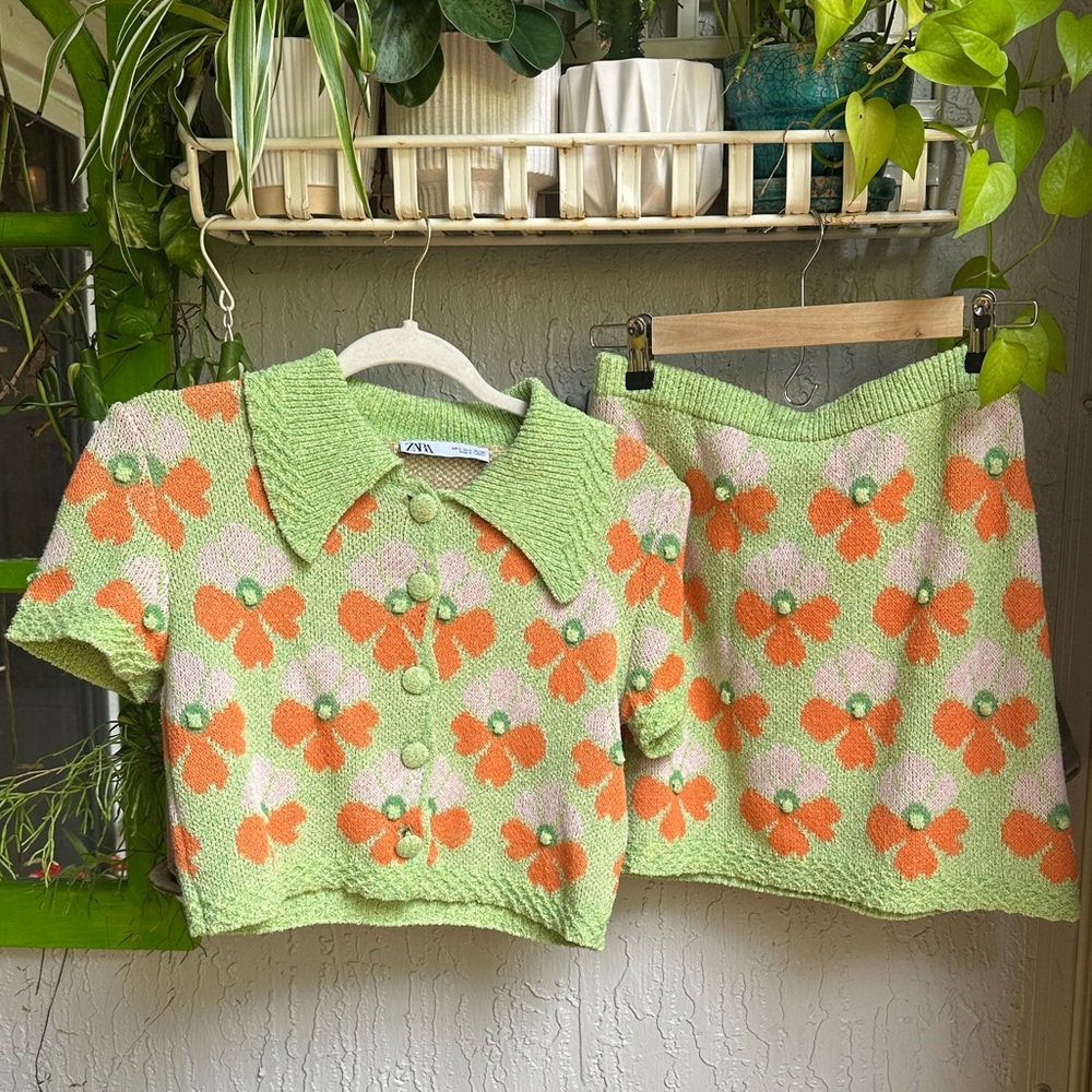 Zara Green Floral Knit Crop Cardigan & Skirt Set with Orange Flowers